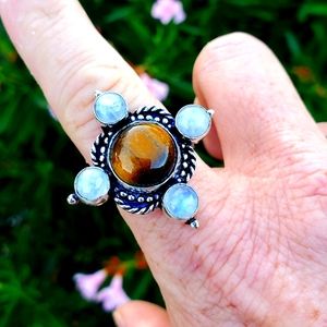 New Tiger Eye &;Rainbow Moonstone 925 Silver Ring.